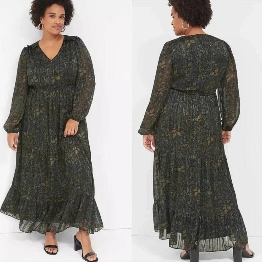 Lane Bryant Lurex V-Neck Tiered Maxi Dress 18 20 2X Green‎ Paisley metallic LS